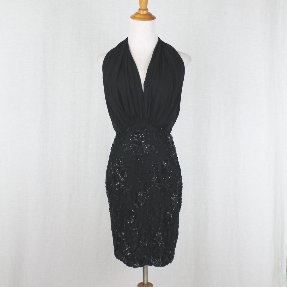Pamela Dennis Couture Beaded Silk  and French Lace Halter Dress Runway 8 xxs 0